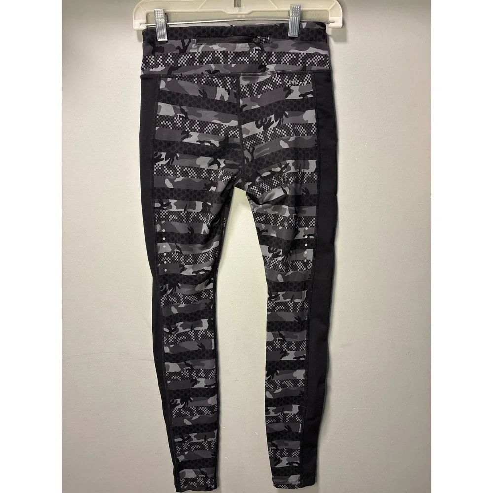 Nike Running Dri-FIT Camo Full Length Striped Leggings‎ Black Gray Zipper Pocket